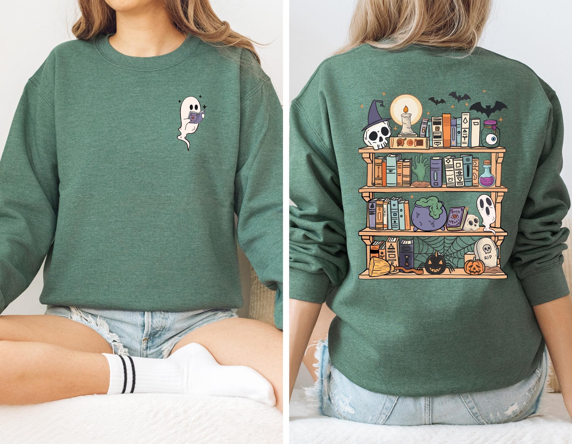 Spooky Bookshelf Halloween Sweatshirt, Book Lover Halloween Sweatshirt, Ghost Reading Sweatshirt