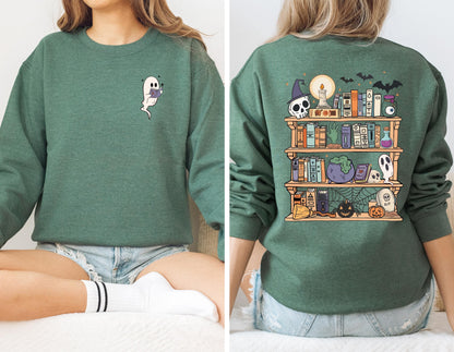 Spooky Bookshelf Halloween Sweatshirt, Book Lover Halloween Sweatshirt, Ghost Reading Sweatshirt