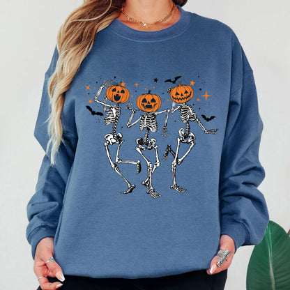 Pumpkin Skeleton Sweatshirt, Dancing Skeleton Crewneck, Cute Halloween Sweatshirt, Vintage Spooky Season Sweatshirt, Fall Crewneck