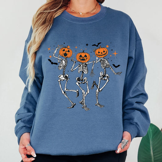 Pumpkin Skeleton Sweatshirt, Dancing Skeleton Crewneck, Cute Halloween Sweatshirt, Vintage Spooky Season Sweatshirt, Fall Crewneck