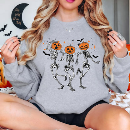 Pumpkin Skeleton Sweatshirt, Dancing Skeleton Crewneck, Cute Halloween Sweatshirt, Vintage Spooky Season Sweatshirt, Fall Crewneck