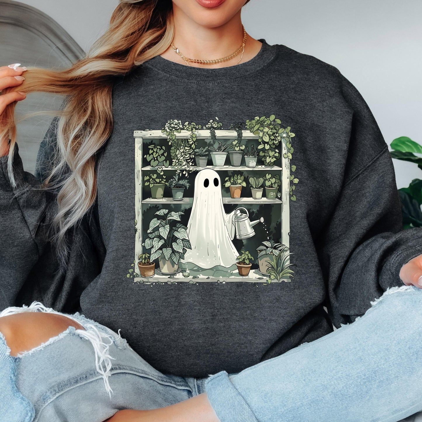 Ghost Plant Sweatshirt, Cute Halloween Crewneck, Plant Lover Sweatshirt, Spooky Plant Sweatshirt, Cozy Fall Ghost Gift