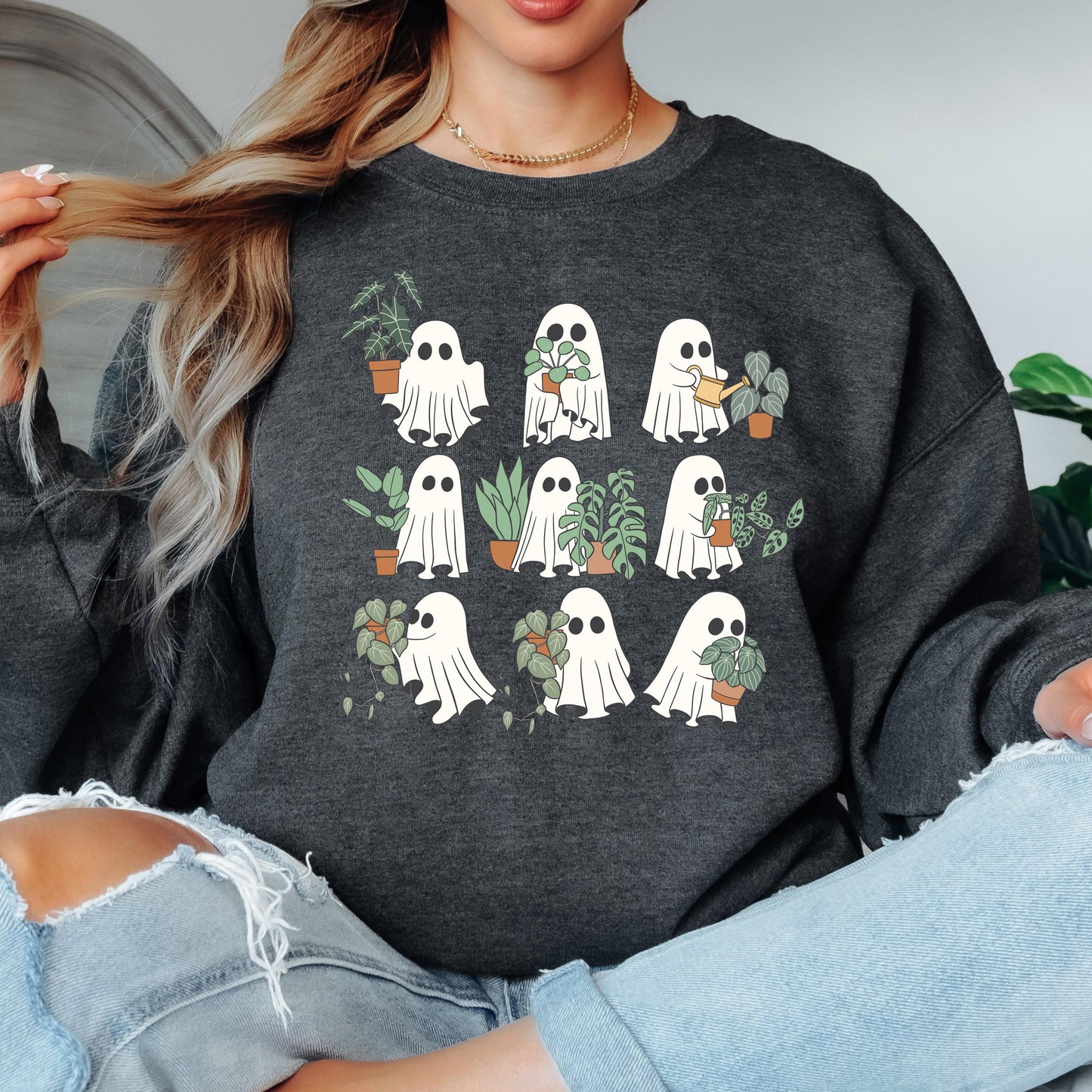 Cute Ghost Plant Sweatshirt, Ghost Halloween Crewneck, Plant Lover Sweatshirt, Spooky Ghost Sweatshirt, Fall Crewneck