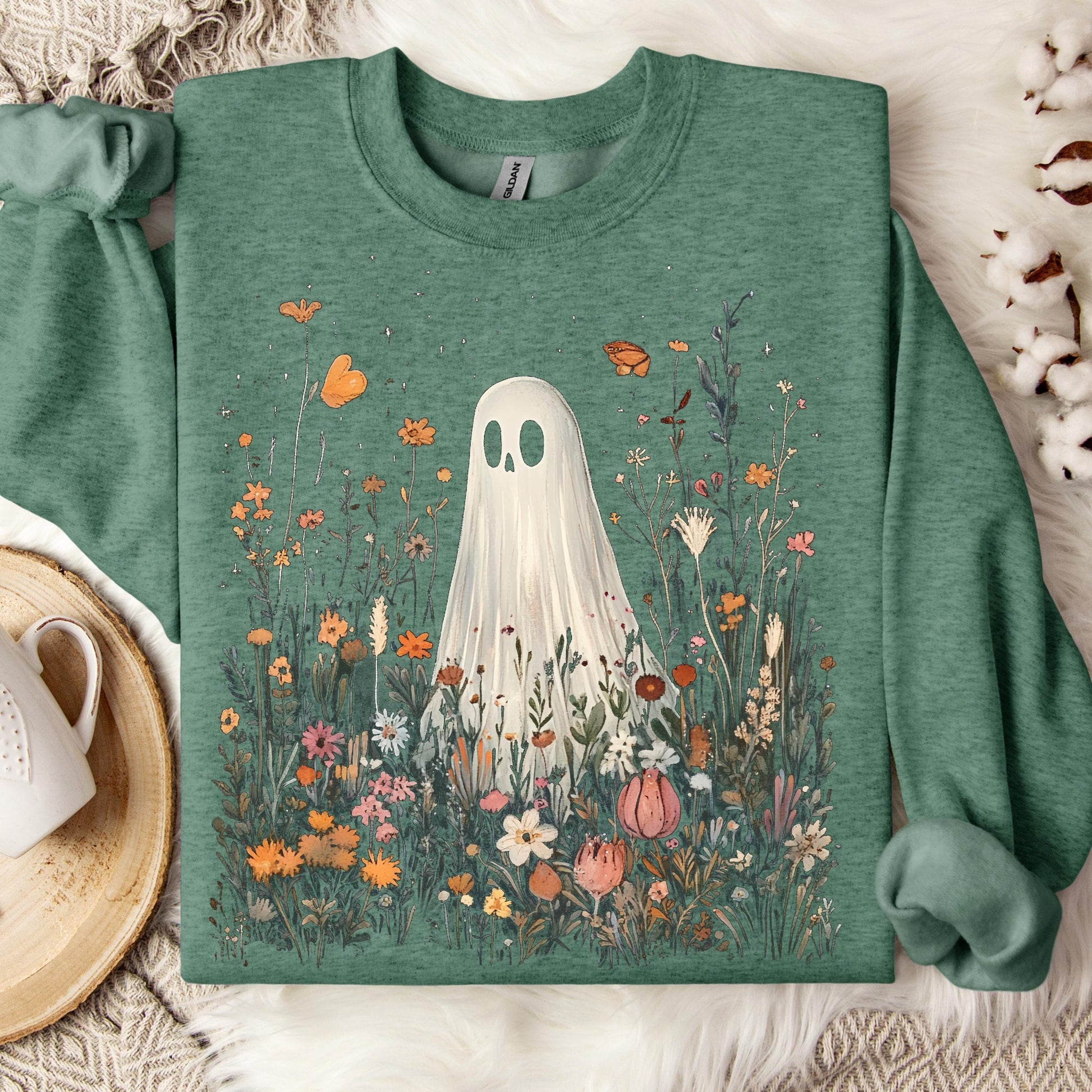 Ghost Wildflower Sweatshirt, Cute Halloween Sweatshirt, Floral Ghost Crewneck, Spooky Cottagecore Sweatshirt, Fall Ghost Pullover