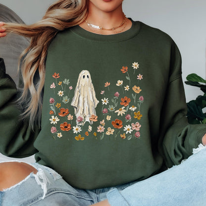 Ghost Wildflower Sweatshirt, Cute Halloween Sweatshirt, Floral Ghost Crewneck, Spooky Cottagecore Sweatshirt, Fall Ghost Pullover
