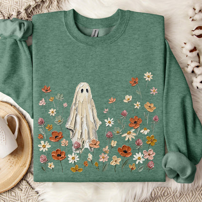 Ghost Wildflower Sweatshirt, Cute Halloween Sweatshirt, Floral Ghost Crewneck, Spooky Cottagecore Sweatshirt, Fall Ghost Pullover