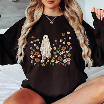 Ghost Wildflower Sweatshirt, Cute Halloween Sweatshirt, Floral Ghost Crewneck, Spooky Cottagecore Sweatshirt, Fall Ghost Pullover