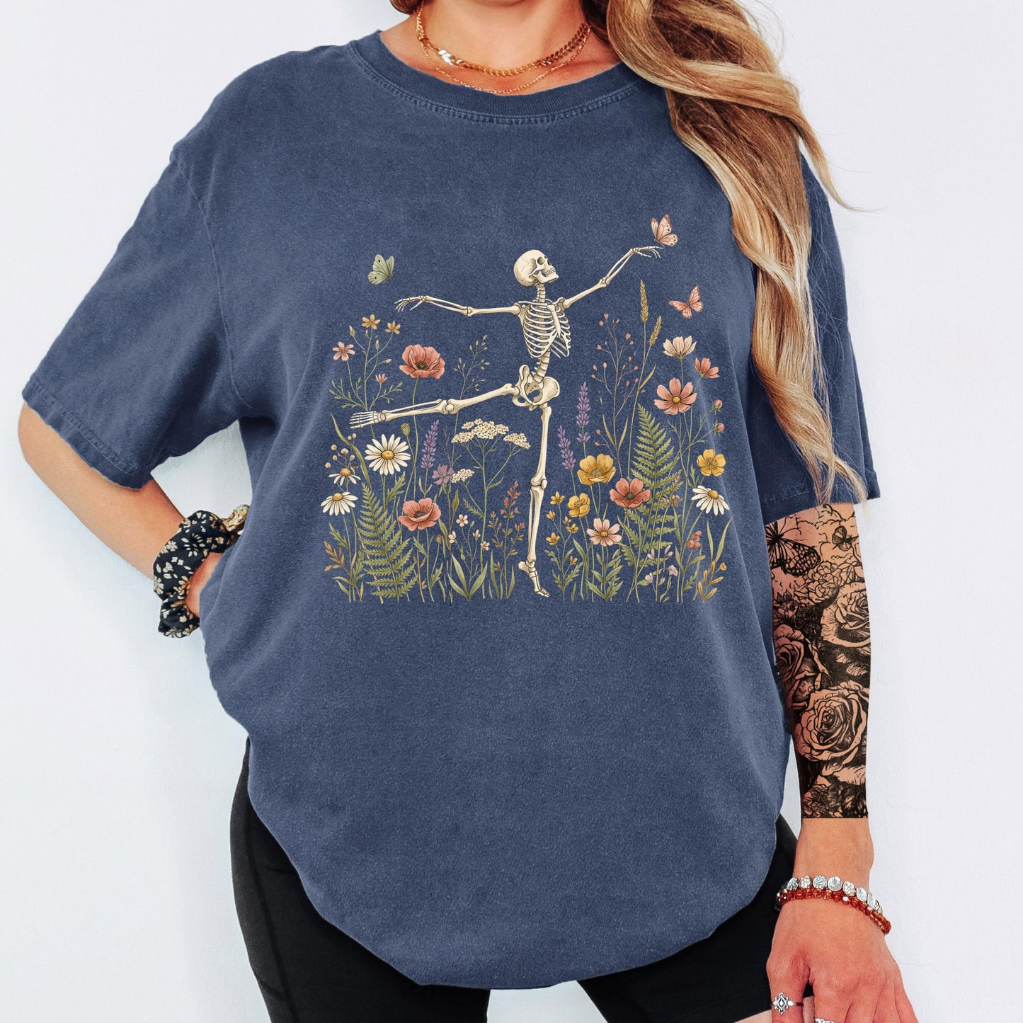 Dancing Skeleton Shirt, Floral Skeleton Tee, Halloween Skeleton Shirt, Wildflower Skeleton Tee, Comfort Colors Shirt