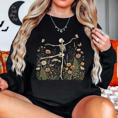 Dancing Skeleton Sweatshirt, Floral Skeleton Crewneck, Halloween Skeleton Sweatshirt, Wildflower Skeleton Pullover