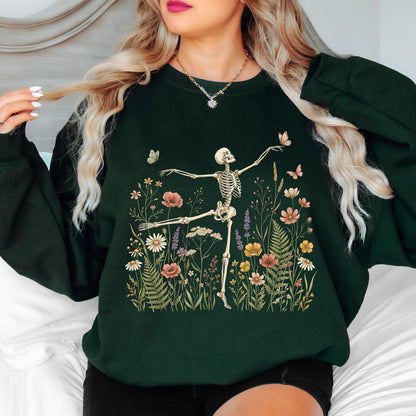 Dancing Skeleton Sweatshirt, Floral Skeleton Crewneck, Halloween Skeleton Sweatshirt, Wildflower Skeleton Pullover
