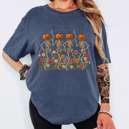 Pumpkin Skeleton Shirt, Dancing Skeleton Tee, Halloween Pumpkin Shirt, Spooky Season Tee, Comfort Colors Shirt
