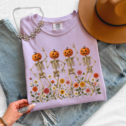 Pumpkin Skeleton Shirt, Dancing Skeleton Tee, Halloween Pumpkin Shirt, Spooky Season Tee, Comfort Colors Shirt