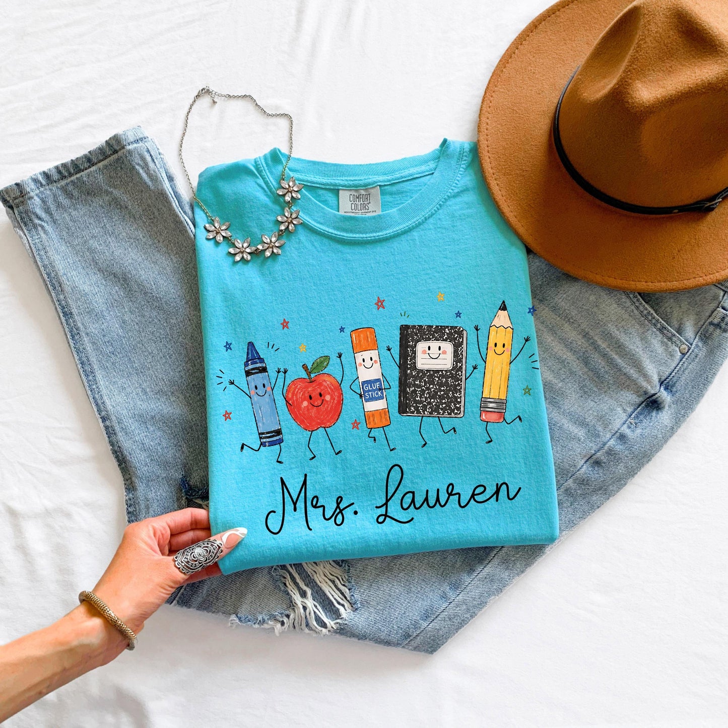 Personalized Teacher Shirt, School Supplies Crayon Apple Pencil Tee, First Day of School Shirt