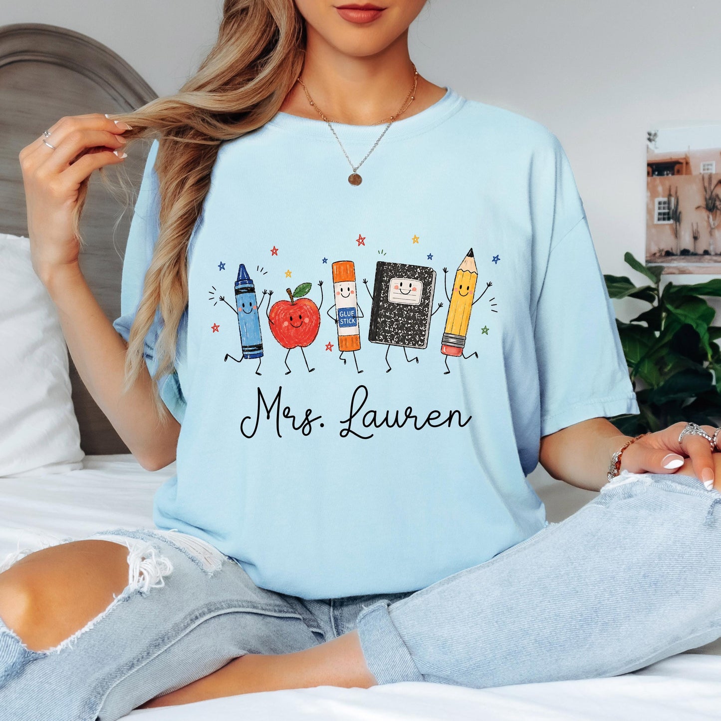 Personalized Teacher Shirt, School Supplies Crayon Apple Pencil Tee, First Day of School Shirt