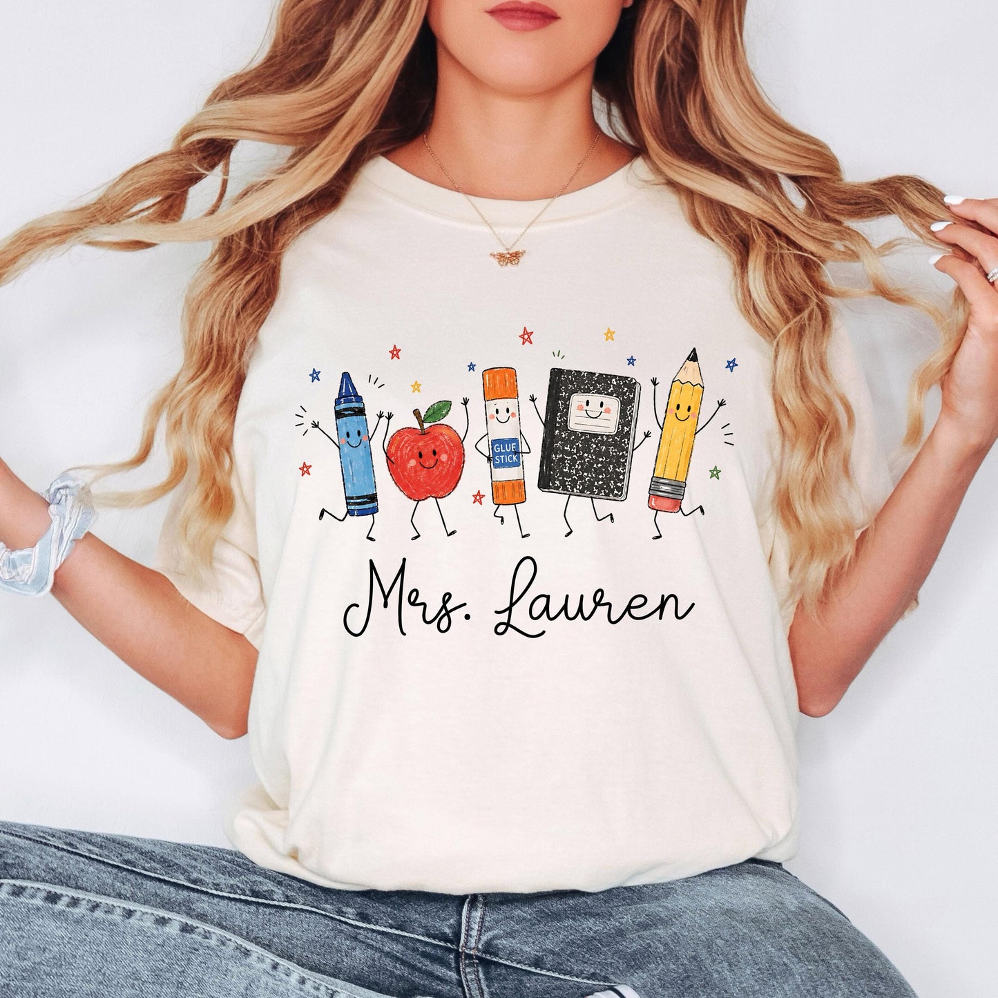 Personalized Teacher Shirt, School Supplies Crayon Apple Pencil Tee, First Day of School Shirt