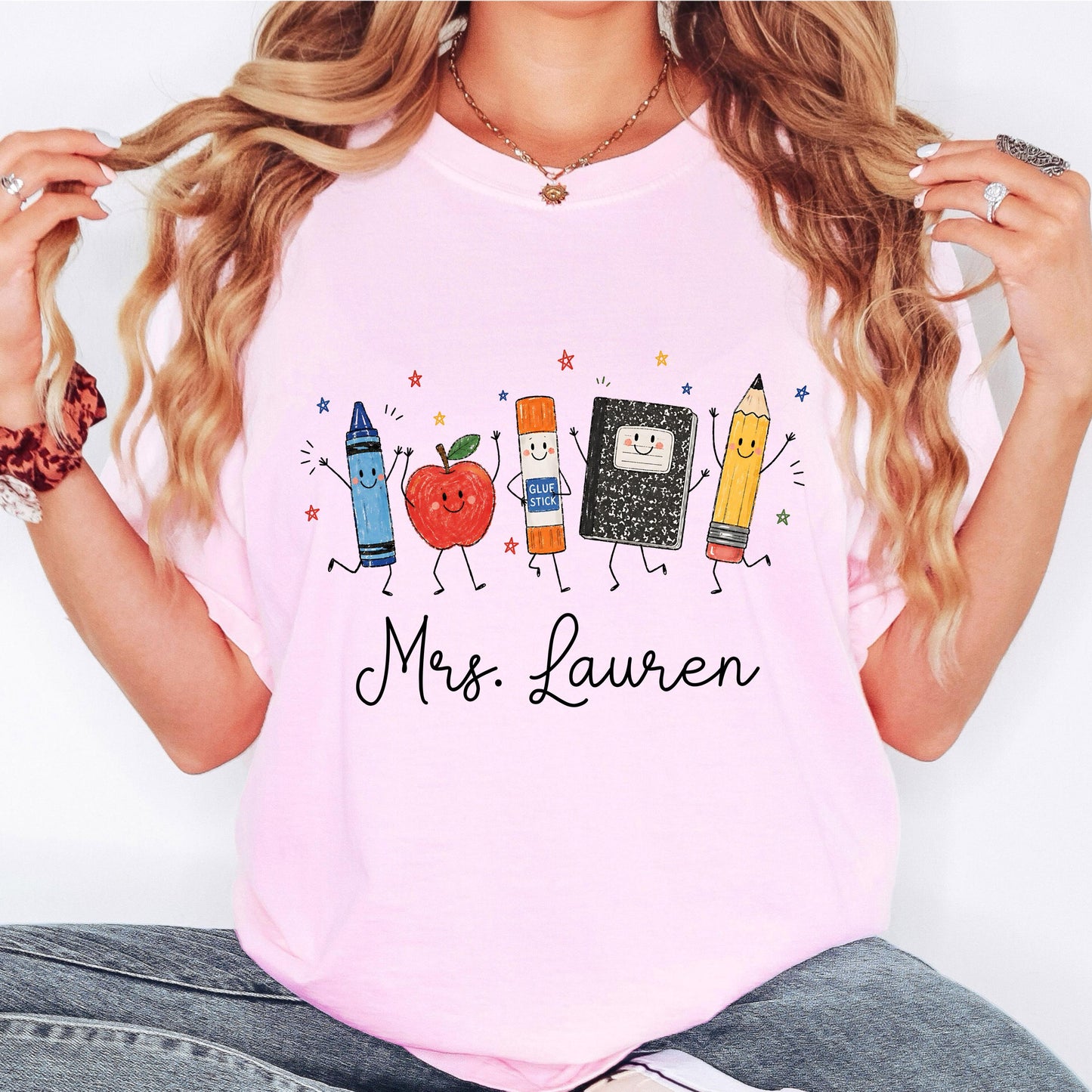 Personalized Teacher Shirt, School Supplies Crayon Apple Pencil Tee, First Day of School Shirt