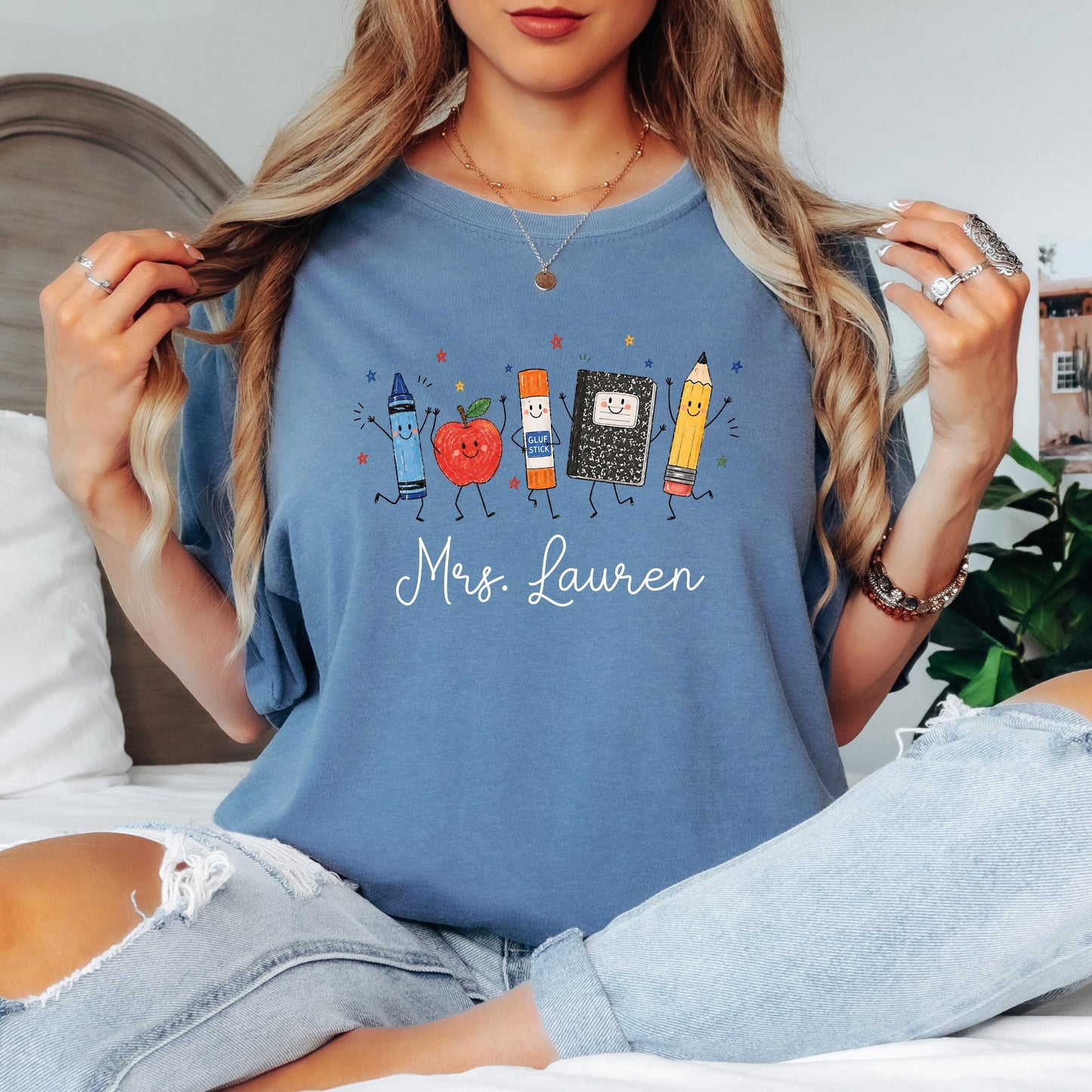 Personalized Teacher Shirt, School Supplies Crayon Apple Pencil Tee, First Day of School Shirt