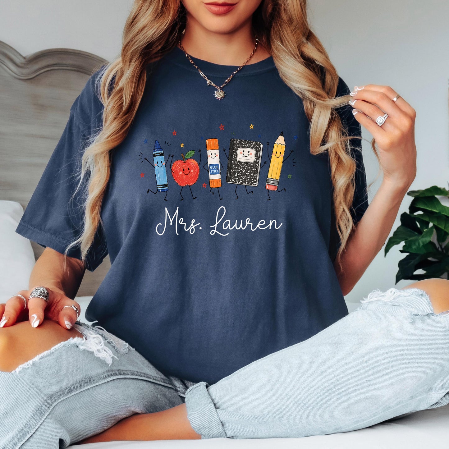 Personalized Teacher Shirt, School Supplies Crayon Apple Pencil Tee, First Day of School Shirt