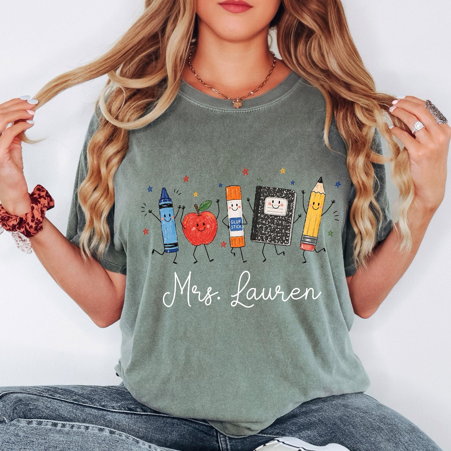 Personalized Teacher Shirt, School Supplies Crayon Apple Pencil Tee, First Day of School Shirt