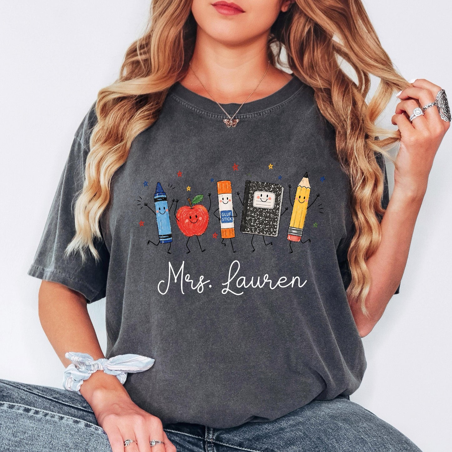 Personalized Teacher Shirt, School Supplies Crayon Apple Pencil Tee, First Day of School Shirt