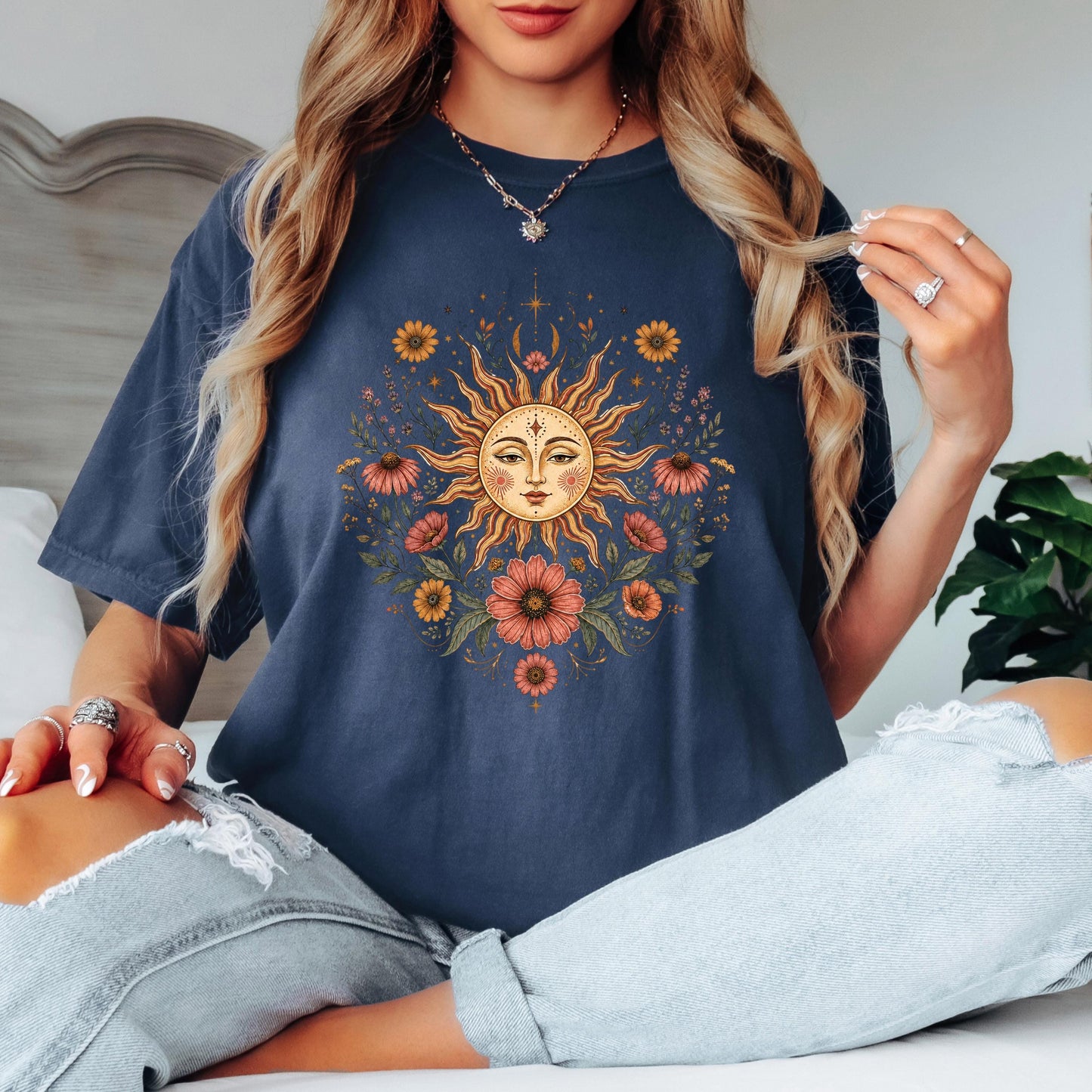 Boho Sun and Moon Shirt, Celestial Floral Tee, Vintage Wildflower Graphic T-shirt, Bohemian Sun Face Shirt, Cottagecore Nature Tee Gift
