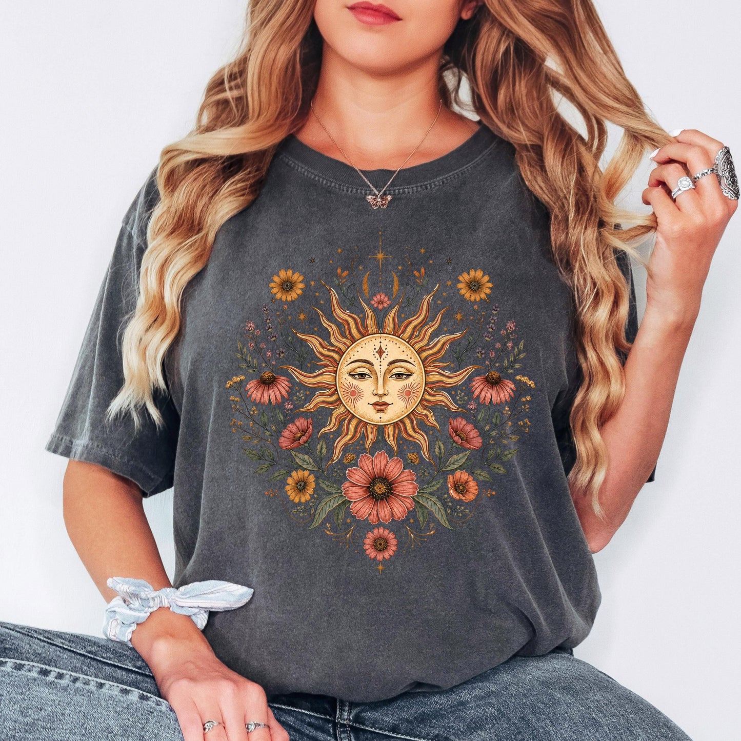 Boho Sun and Moon Shirt, Celestial Floral Tee, Vintage Wildflower Graphic T-shirt, Bohemian Sun Face Shirt, Cottagecore Nature Tee Gift