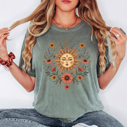 Boho Sun and Moon Shirt, Celestial Floral Tee, Vintage Wildflower Graphic T-shirt, Bohemian Sun Face Shirt, Cottagecore Nature Tee Gift