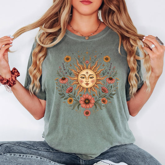 Boho Sun and Moon Shirt, Celestial Floral Tee, Vintage Wildflower Graphic T-shirt, Bohemian Sun Face Shirt, Cottagecore Nature Tee Gift