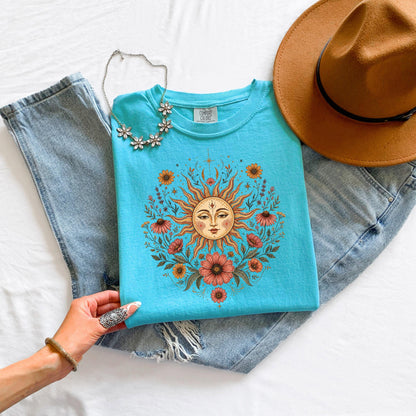 Boho Sun and Moon Shirt, Celestial Floral Tee, Vintage Wildflower Graphic T-shirt, Bohemian Sun Face Shirt, Cottagecore Nature Tee Gift