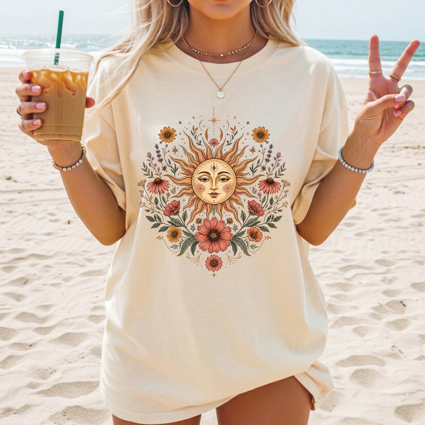 Boho Sun and Moon Shirt, Celestial Floral Tee, Vintage Wildflower Graphic T-shirt, Bohemian Sun Face Shirt, Cottagecore Nature Tee Gift