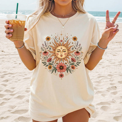Boho Sun and Moon Shirt, Celestial Floral Tee, Vintage Wildflower Graphic T-shirt, Bohemian Sun Face Shirt, Cottagecore Nature Tee Gift