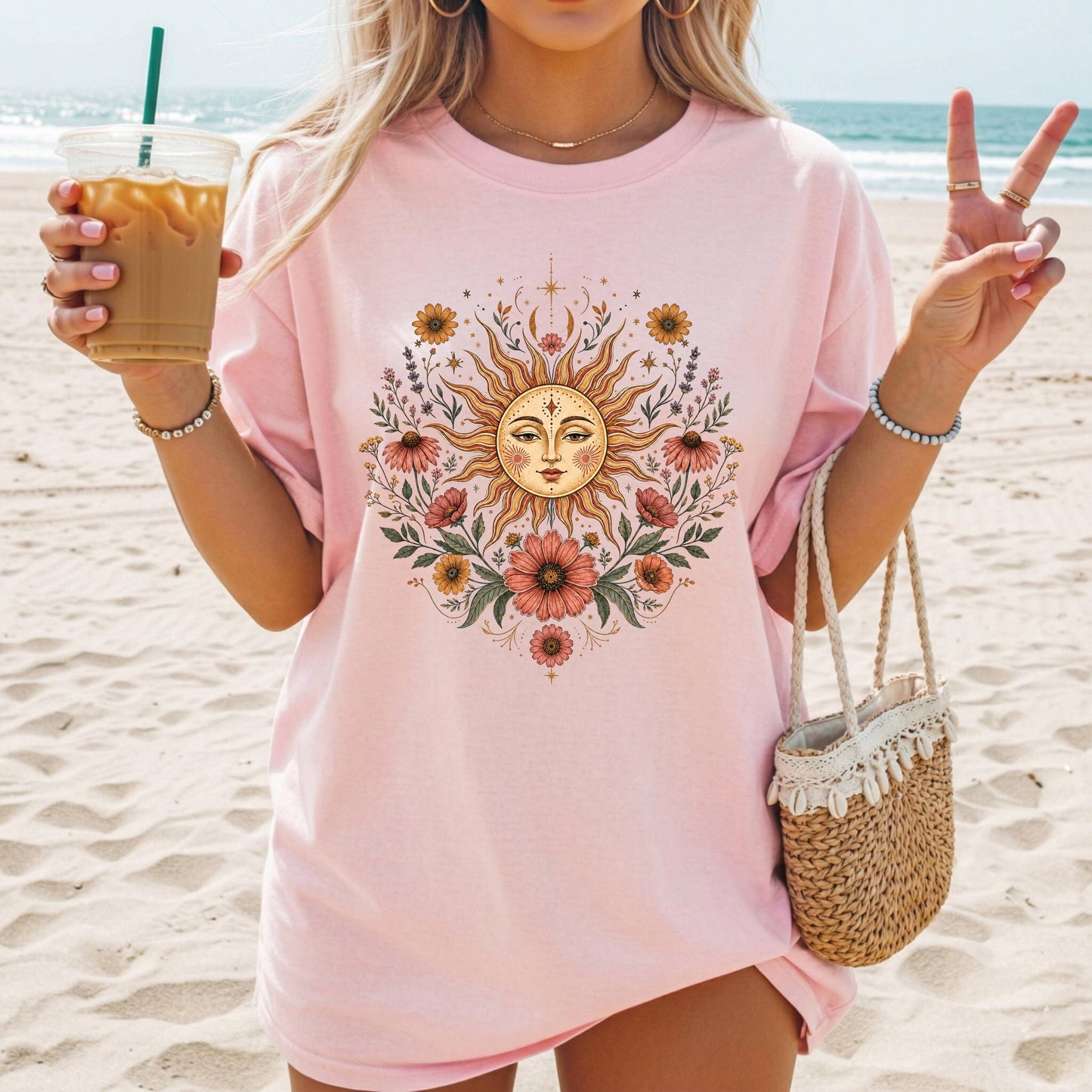 Boho Sun and Moon Shirt, Celestial Floral Tee, Vintage Wildflower Graphic T-shirt, Bohemian Sun Face Shirt, Cottagecore Nature Tee Gift