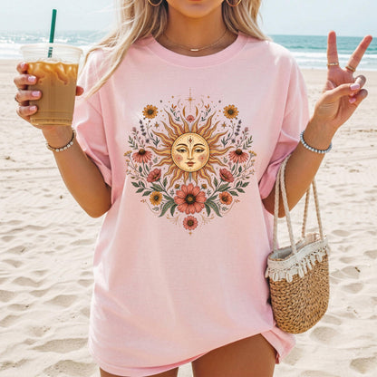 Boho Sun and Moon Shirt, Celestial Floral Tee, Vintage Wildflower Graphic T-shirt, Bohemian Sun Face Shirt, Cottagecore Nature Tee Gift