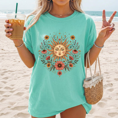 Boho Sun and Moon Shirt, Celestial Floral Tee, Vintage Wildflower Graphic T-shirt, Bohemian Sun Face Shirt, Cottagecore Nature Tee Gift
