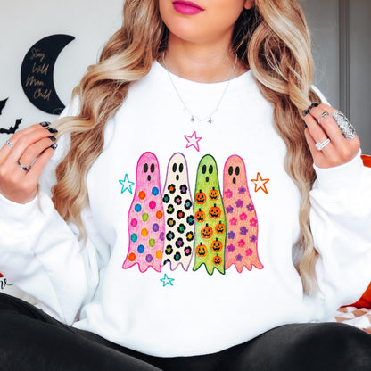 Cute Halloween Ghost Sweatshirt, Colorful Ghost Crewneck, Retro Halloween Sweatshirt, Spooky Season Pullover, Cute Fall Ghost Sweatshirt