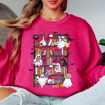 Ghost Bookshelf Sweatshirt, Halloween Book Lover Sweatshirt, Spooky Library Crewneck, Cute Reading Ghost Sweatshirt, Bookish Fall Pullover