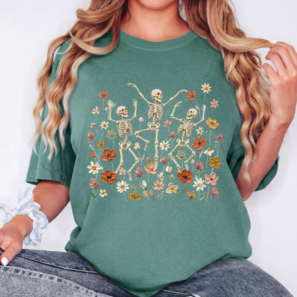 Dancing Skeleton Shirt, Floral Skeleton Tee, Vintage Halloween Shirt, Spooky Wildflower Graphic T-Shirt