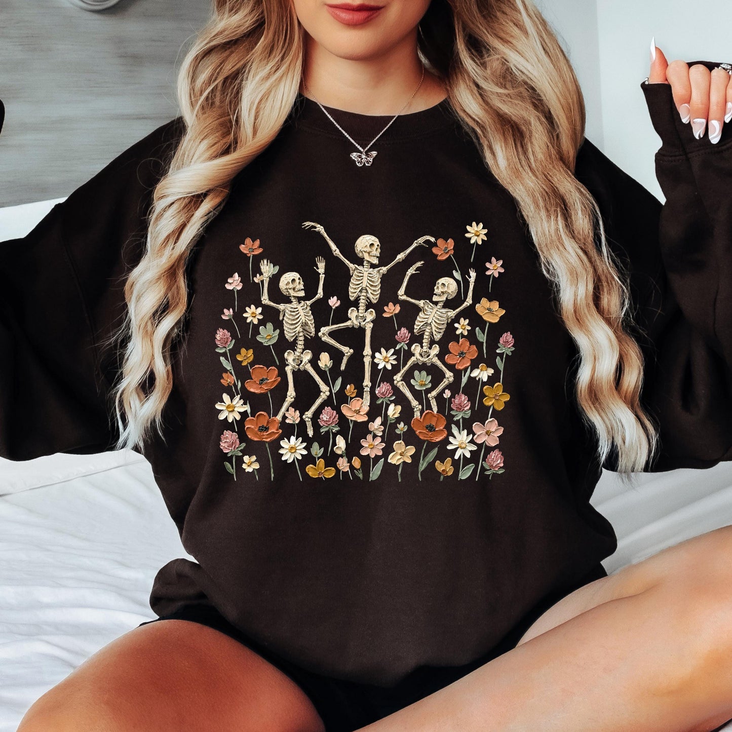 Dancing Skeleton Sweatshirt, Floral Skeleton Crewneck, Spooky Wildflower Sweatshirt, Vintage Halloween Sweatshirt