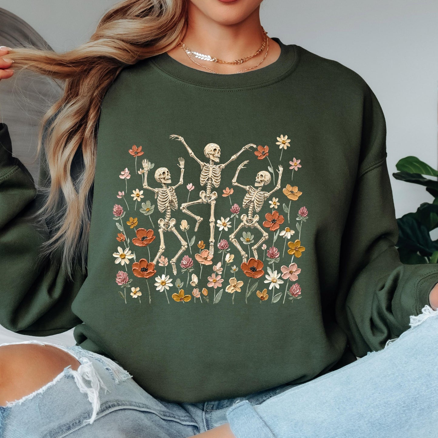 Dancing Skeleton Sweatshirt, Floral Skeleton Crewneck, Spooky Wildflower Sweatshirt, Vintage Halloween Sweatshirt