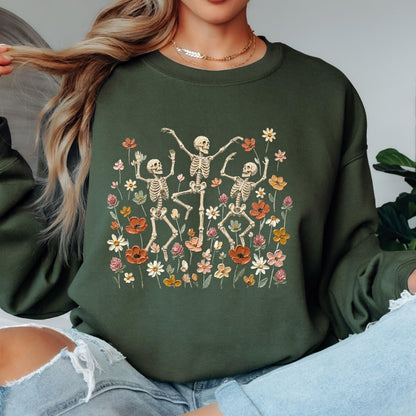 Dancing Skeleton Sweatshirt, Floral Skeleton Crewneck, Spooky Wildflower Sweatshirt, Vintage Halloween Sweatshirt