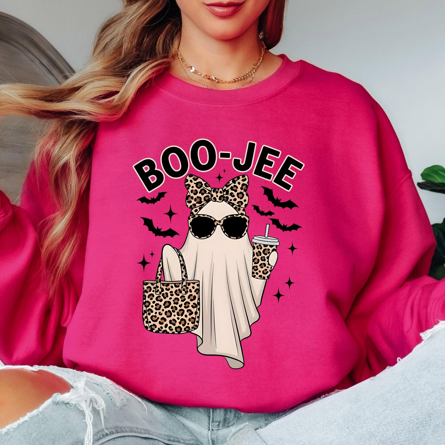 Boo Jee Halloween Sweatshirt, Cute Ghost Crewneck, Leopard Print Ghost Sweatshirt, Funny Spooky Season Pullover