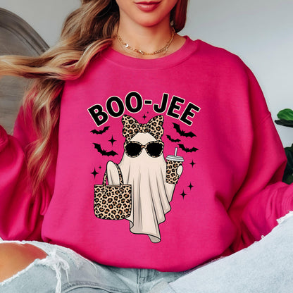 Boo Jee Halloween Sweatshirt, Cute Ghost Crewneck, Leopard Print Ghost Sweatshirt, Funny Spooky Season Pullover