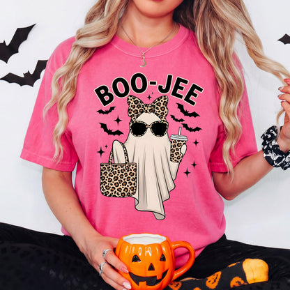 Boo Jee Halloween Shirt, Cute Ghost T Shirt, Leopard Print Ghost Tee, Funny Spooky Season Graphic Shirt