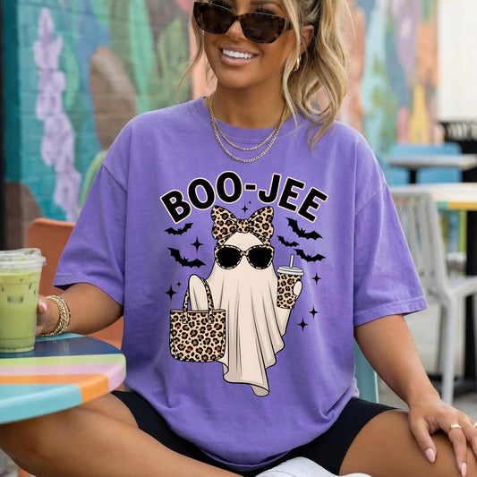 Boo Jee Halloween Shirt, Cute Ghost T Shirt, Leopard Print Ghost Tee, Funny Spooky Season Graphic Shirt