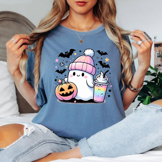 Cute Ghost Halloween Shirt, Kawaii Ghost T-Shirt, Pumpkin Ghost Graphic Tee, Cozy Fall Halloween Shirt, Spooky Season
