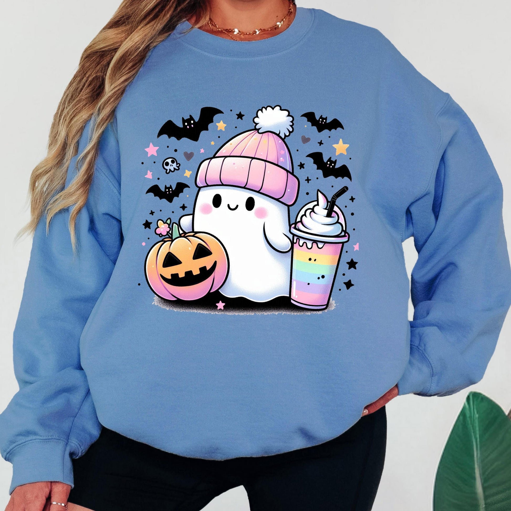 Cute Ghost Halloween Sweatshirt, Kawaii Ghost Crewneck, Pumpkin Ghost Sweatshirt, Cozy Fall Sweatshirt, Spooky Season Gift