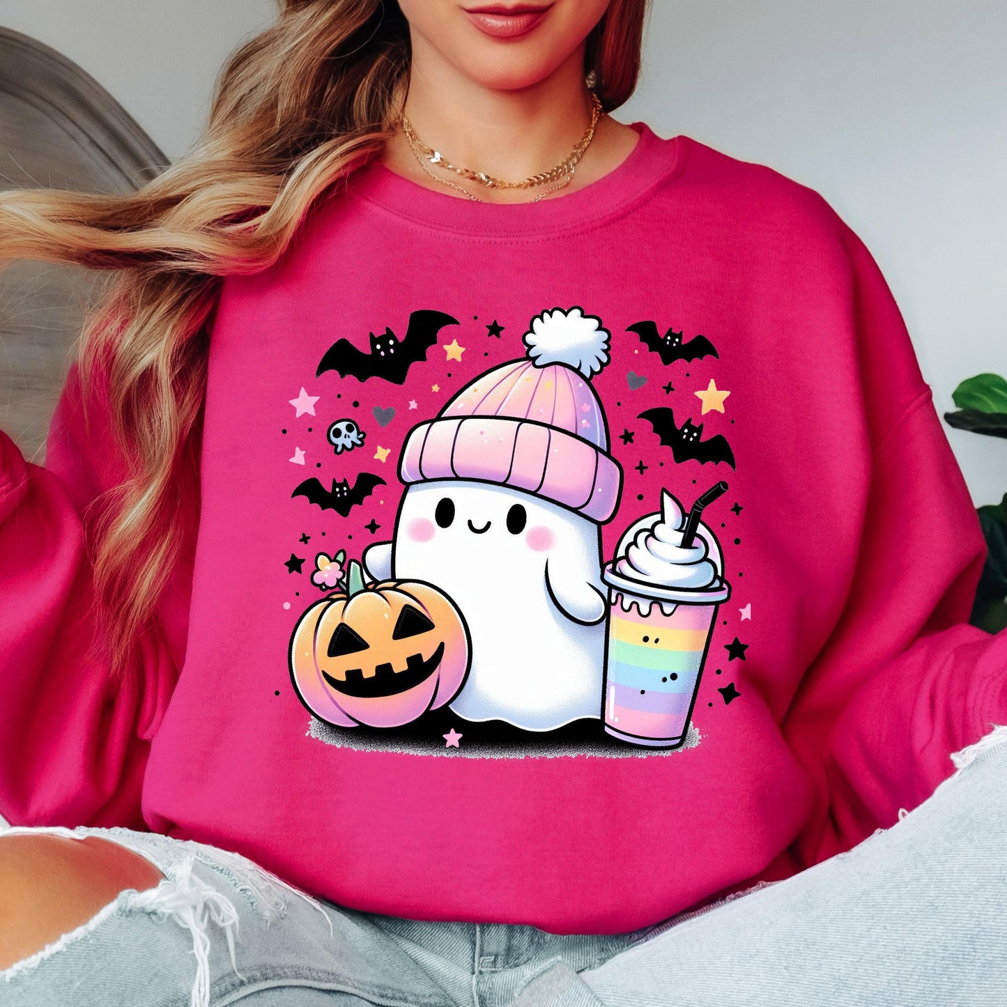 Cute Ghost Halloween Sweatshirt, Kawaii Ghost Crewneck, Pumpkin Ghost Sweatshirt, Cozy Fall Sweatshirt, Spooky Season Gift