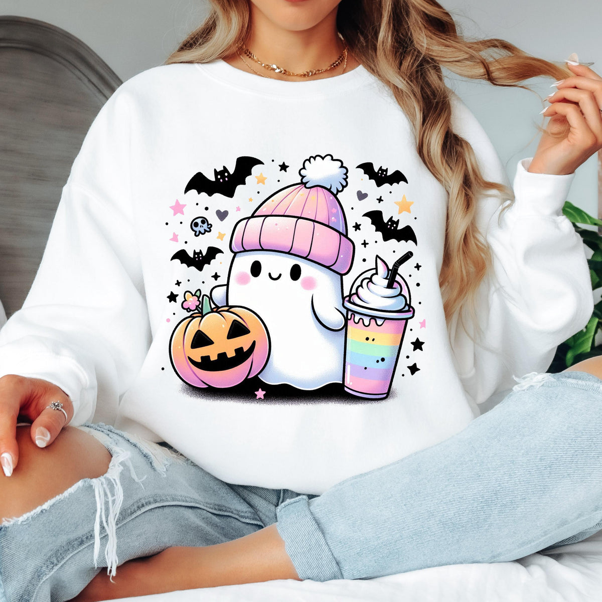 Cute Ghost Halloween Sweatshirt, Kawaii Ghost Crewneck, Pumpkin Ghost Sweatshirt, Cozy Fall Sweatshirt, Spooky Season Gift