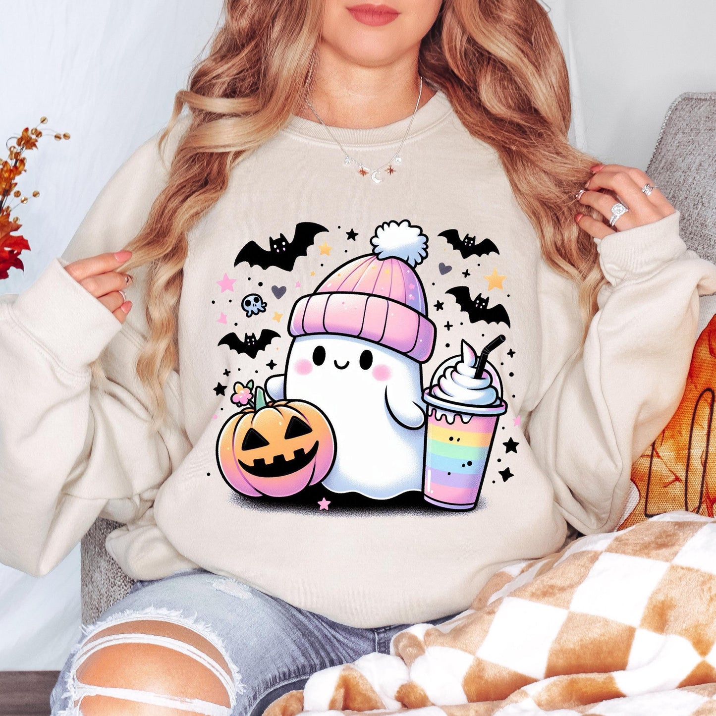 Cute Ghost Halloween Sweatshirt, Kawaii Ghost Crewneck, Pumpkin Ghost Sweatshirt, Cozy Fall Sweatshirt, Spooky Season Gift