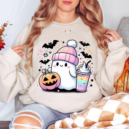 Cute Ghost Halloween Sweatshirt, Kawaii Ghost Crewneck, Pumpkin Ghost Sweatshirt, Cozy Fall Sweatshirt, Spooky Season Gift